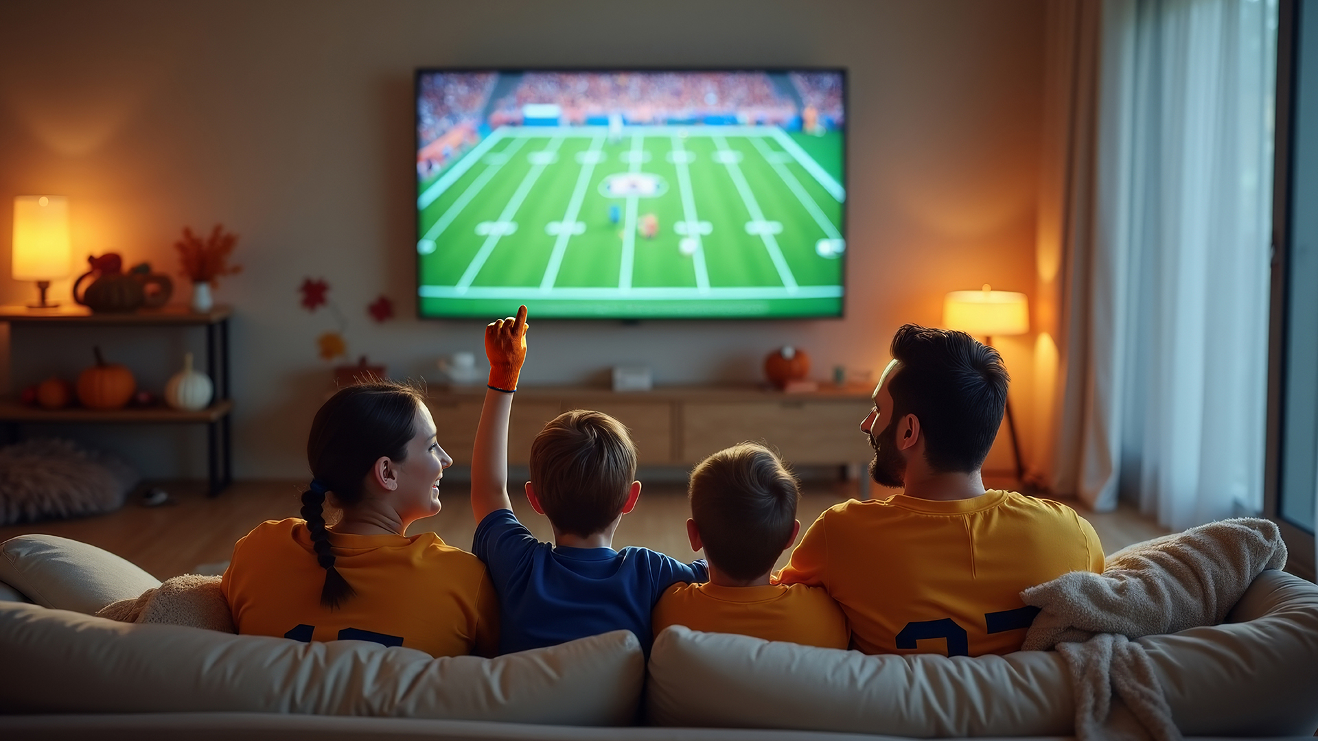 A family sitting on a sofa in their living room watching a football game on the television and cheering.