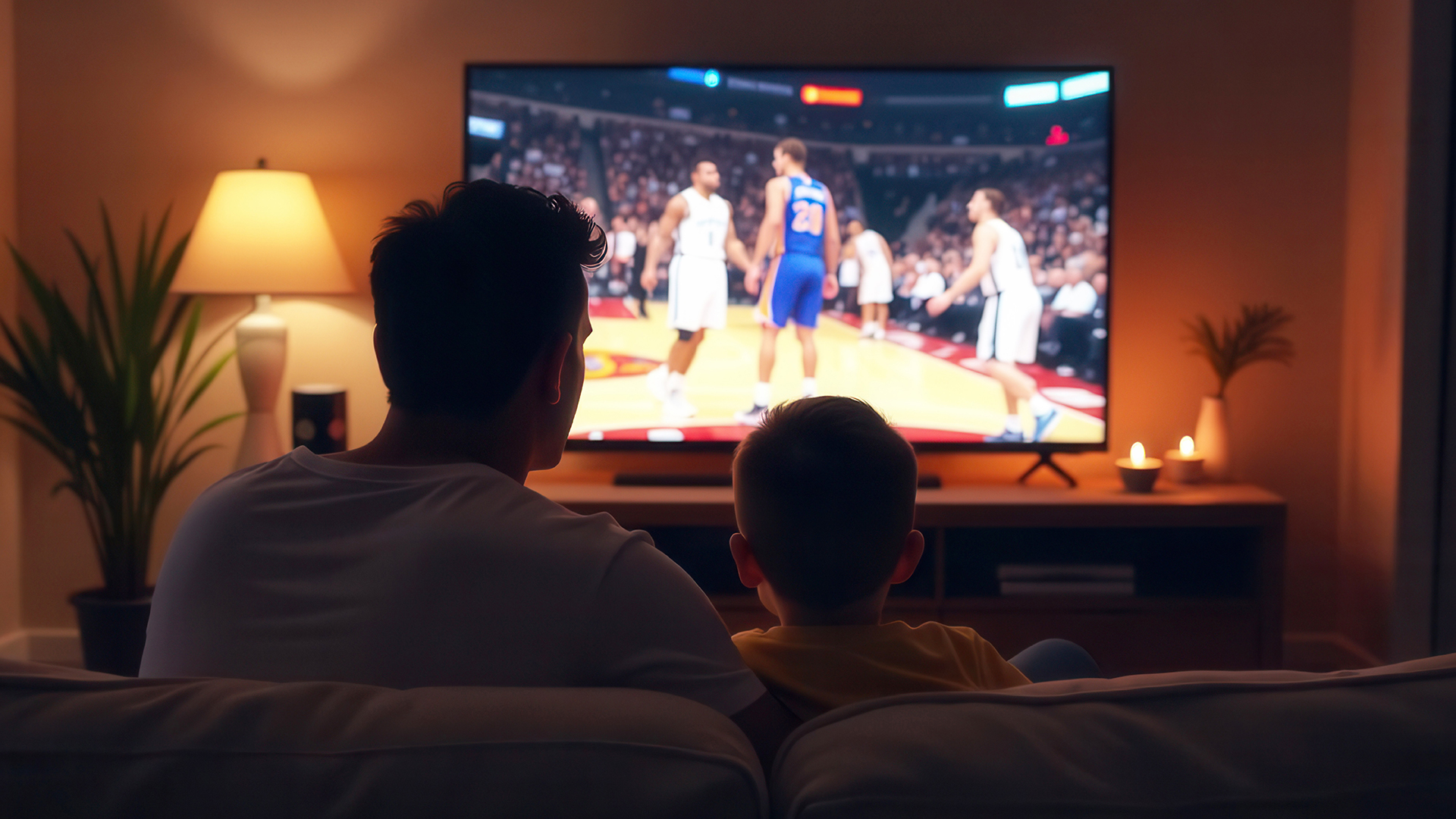 Father and son sitting on a sofa and watching basketball on the tv.