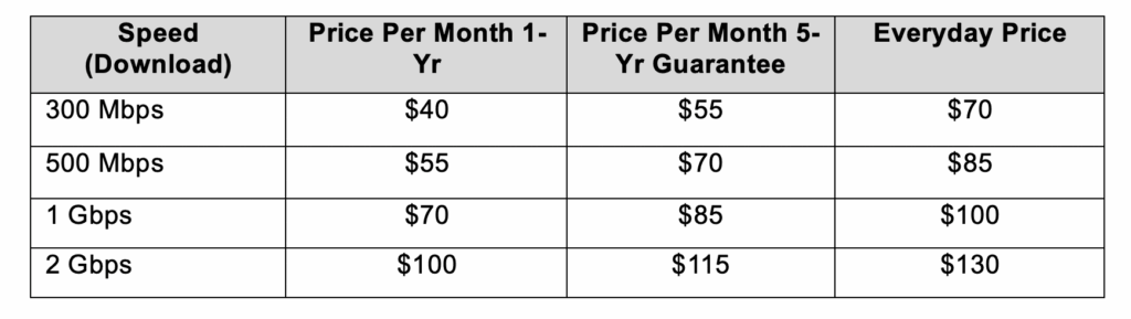 Table featuring speeds and pricing